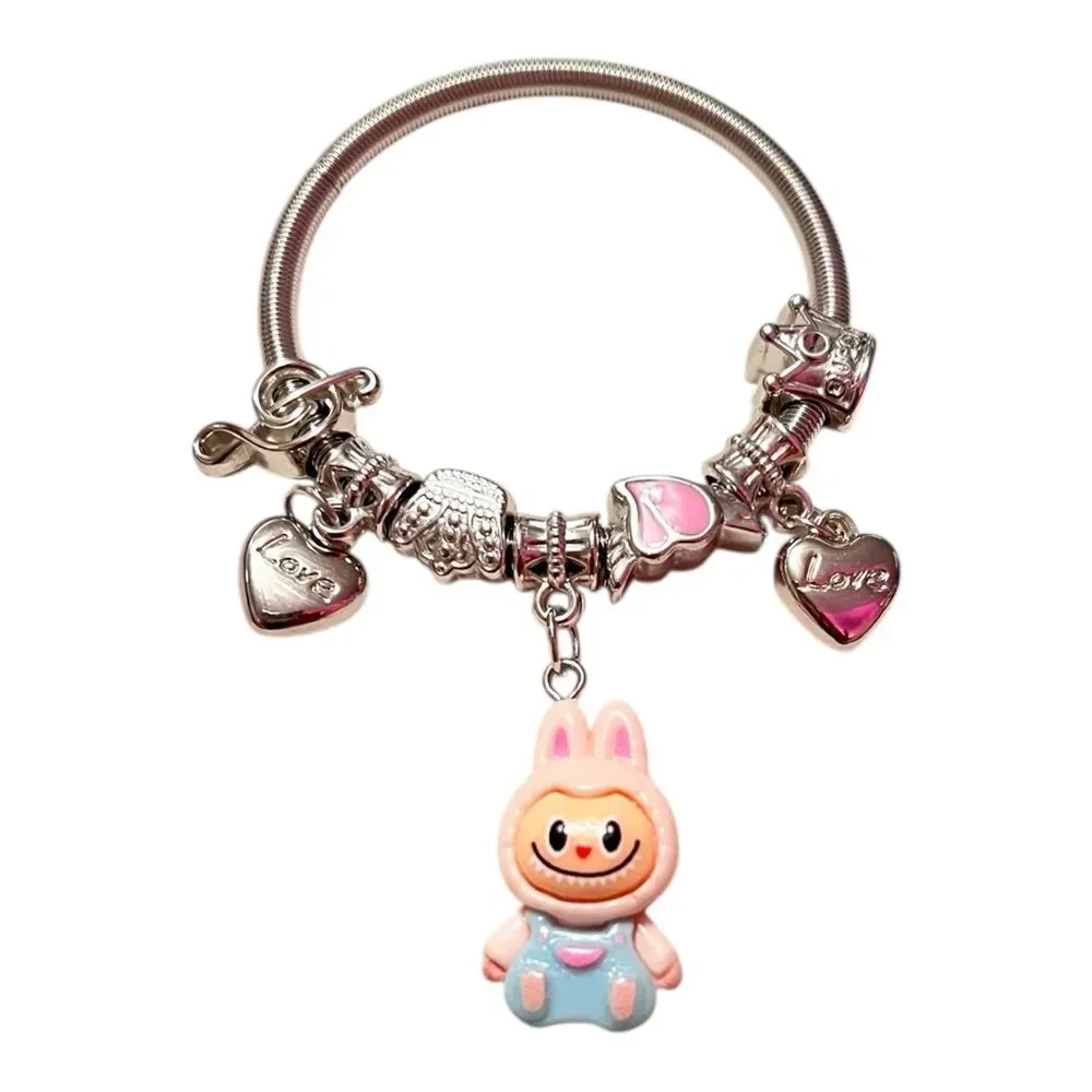 🤯5/$25🤯 Stretchy Pink Labubu Love Heart Crown Note Silver Child’s Charm Bracelet